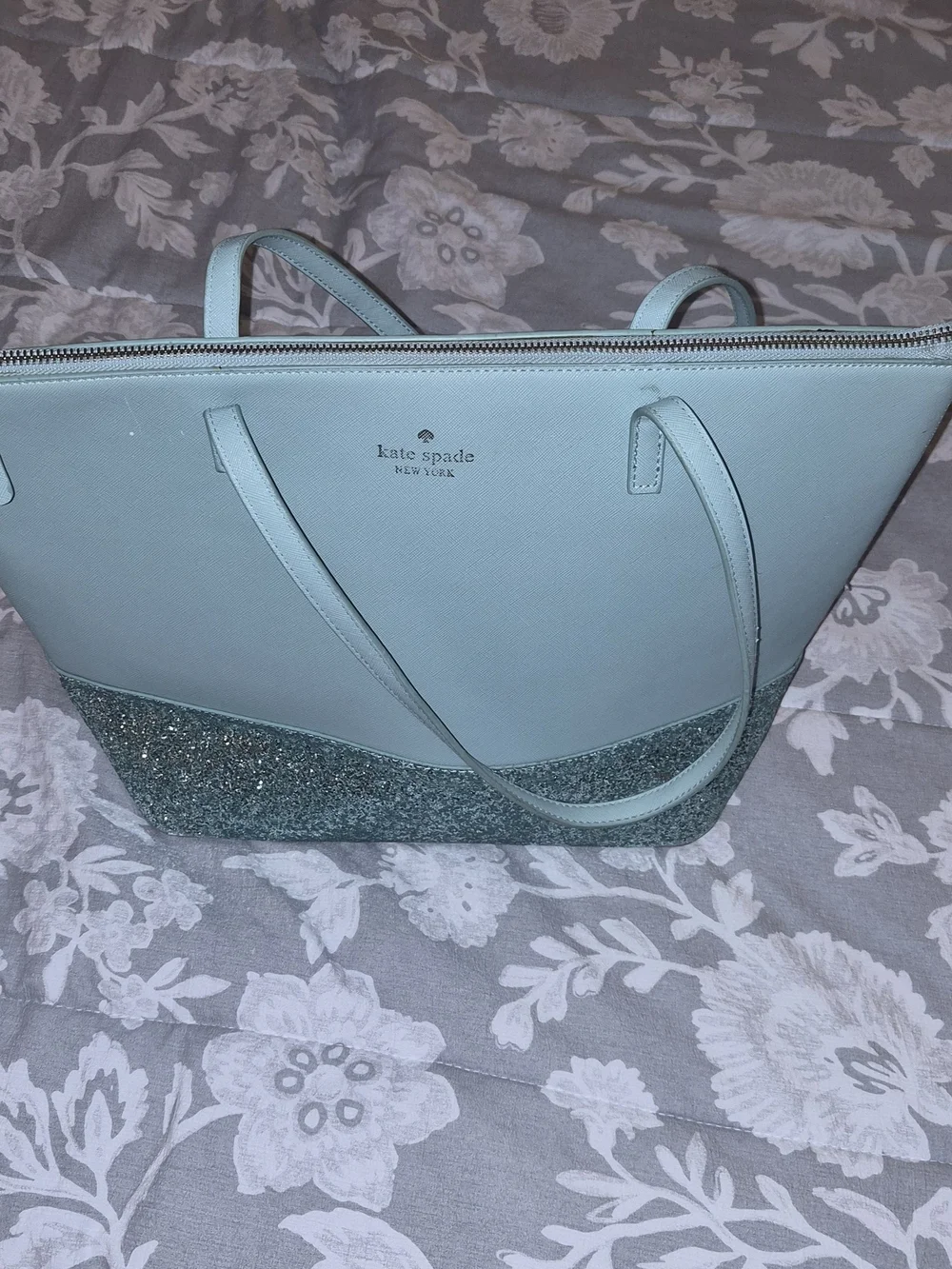 Kate Spade Mint Green Glitter Bottom Tote And Matching Wallet